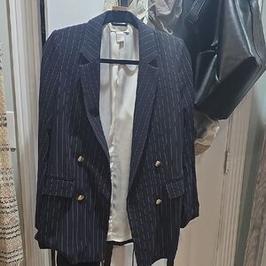 H&M Navy Pinstripe Blazer Set Wide Leg Sz4